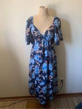 NWT Abercrombie & Fitch Navy Blue Floral Midi Dress with Puff Sleeves